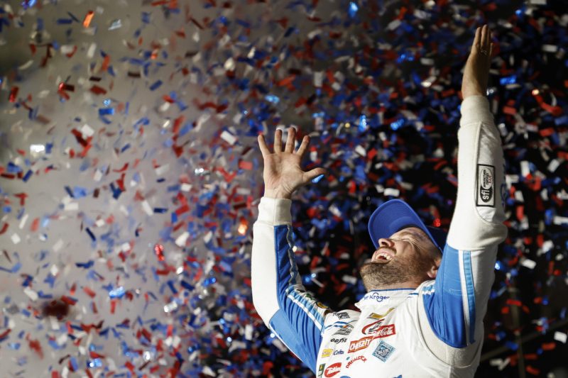Ricky Stenhouse Jr., driver of the #47 Kroger/Cottonelle Chevrolet, celebrates in victory lane after winning the NASCAR Cup Series 65th Annual Daytona 500 at Daytona International Speedway on February 19, 2023 in Daytona Beach, Florida. (Photo by Jared C. Tilton/Getty Images)