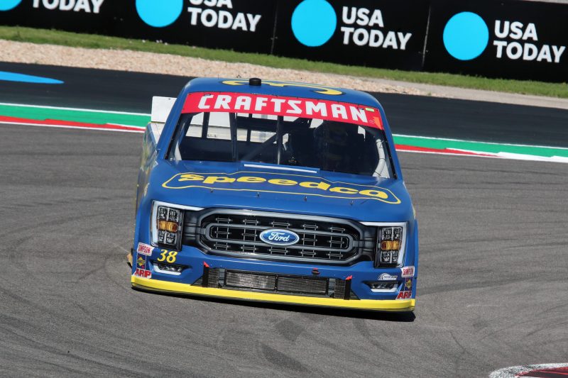 Mar 24, 2023; Austin, Texas, USA;  NASCAR Craftsman Truck Series driver Zane Smith practices for the XPEL 225 at the Circuit of the Americas. Credit: Michael C. Johnson