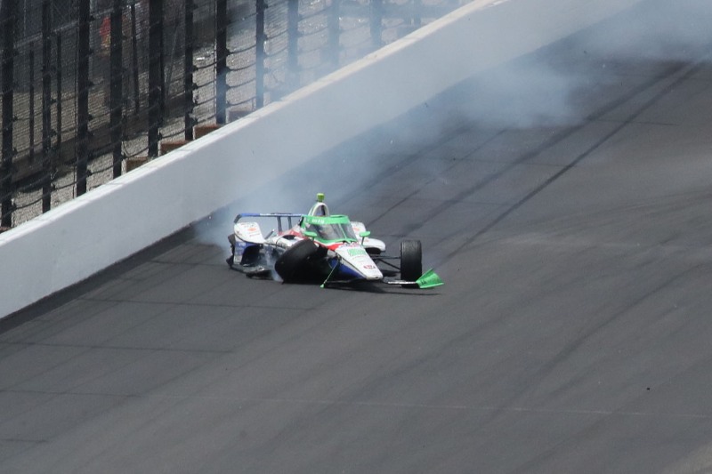 May 28, 2023; Speedway, IN, USA;  String Ray Robb, Dale Coyne Racing with RWR (51), wrecks in the south short chute during the 107th Indianapolis 500 by Gainbridge at the Indianapolis Motor Speedway; Credit: Michael C. Johnson