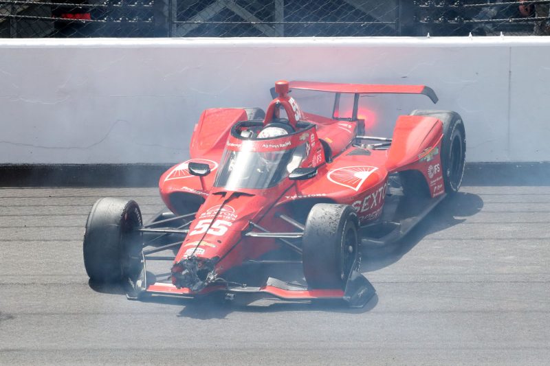 May 28, 2023; Speedway, IN, USA;  Benjamin Pedersen, AJ Foyt Enterprises (14) slides to a stop on the front straight during the 107th Indianapolis 500 by Gainbridge at the Indianapolis Motor Speedway; Credit: Michael C. Johnson