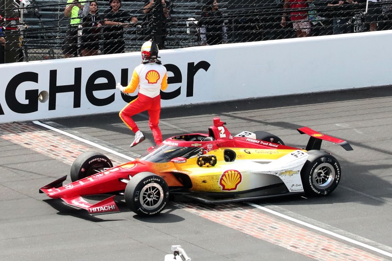 May 28, 2023; Speedway, IN, USA;  Joseph Newgarden, Team Penske (2) celebrates at the yard of bricks after winning the 107th Indianapolis 500 by Gainbridge at the Indianapolis Motor Speedway; Credit: Michael C. Johnson