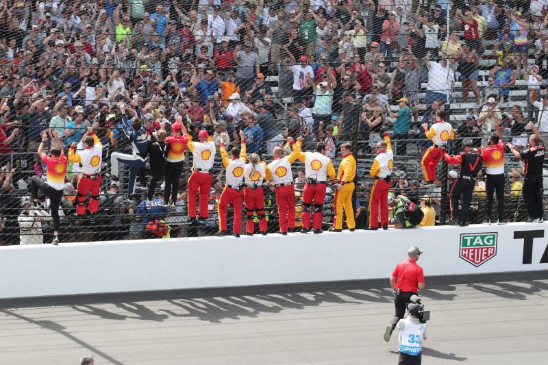 May 28, 2023; Speedway, IN, USA;  Joseph Newgarden, Team Penske (2) crew celebrates after winning the 107th Indianapolis 500 by Gainbridge at the Indianapolis Motor Speedway; Credit: Michael C. Johnson