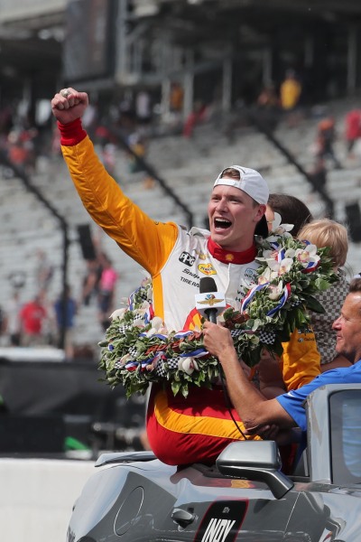 May 28, 2023; Speedway, IN, USA;  Joseph Newgarden, Team Penske (2) celebrates after winning the 107th Indianapolis 500 by Gainbridge at the Indianapolis Motor Speedway; Credit: Michael C. Johnson