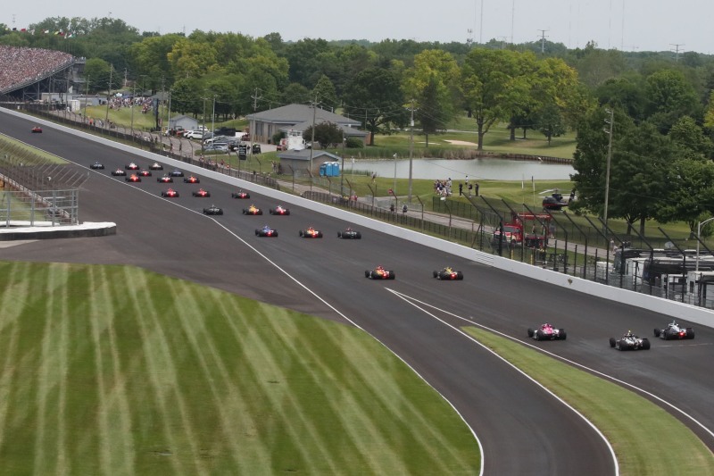 May 28, 2023; Speedway, IN, USA;  The field on the back stretch before the 107th Indianapolis 500 by Gainbridge at the Indianapolis Motor Speedway; Credit: Michael C. Johnson