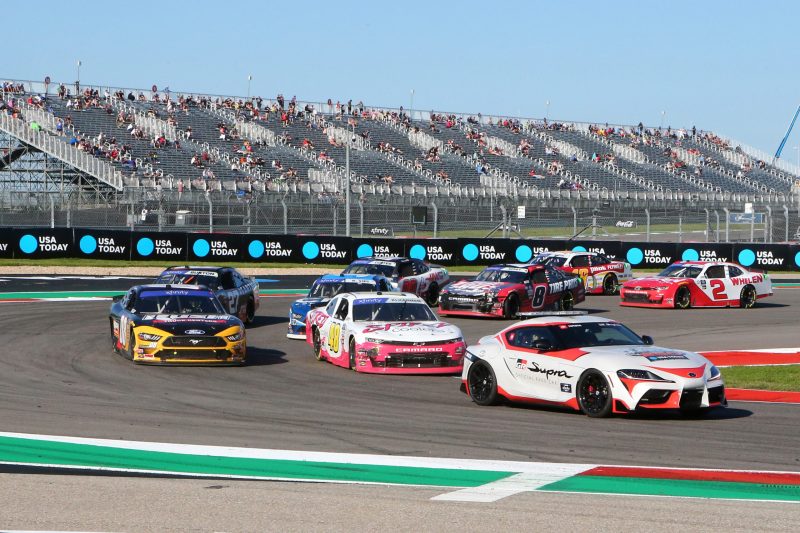 Mar 25, 2023; Austin, Texas, USA;  NASCAR Xfinity Series driver Parker Kligerman (48) and Aric Almirola (08) lead the field in the Pit Boss 250 presented by USA Today at the Circuit of the Americas. Credit: Michael C. Johnson