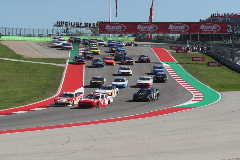 Mar 25, 2023; Austin, Texas, USA;  NASCAR Xfinity Series driver Sheldon Creed (2) leads the field in the Pit Boss 250 presented by USA Today at the Circuit of the Americas. Credit: Michael C. Johnson