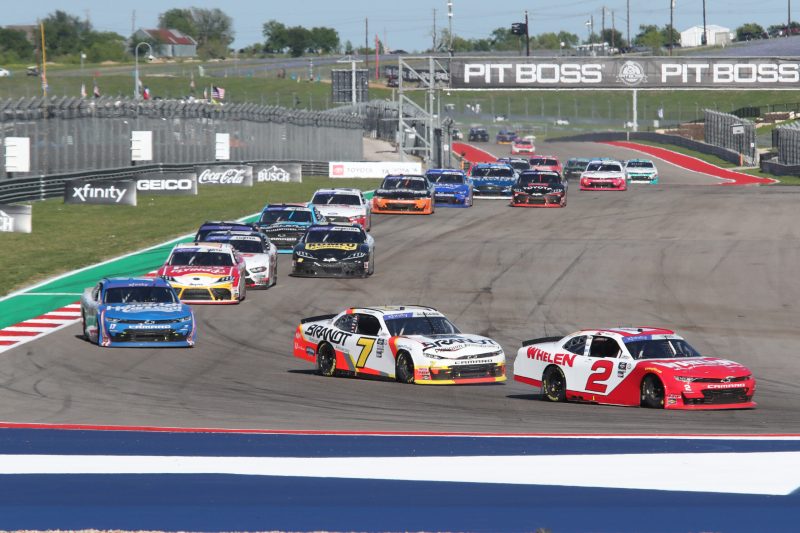Mar 25, 2023; Austin, Texas, USA;  NASCAR Xfinity Series driver Sheldon Creed 92) leads the field during the Pit Boss 250 presented by USA Today at the Circuit of the Americas. Credit: Michael C. Johnson