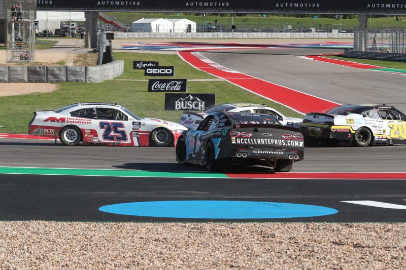 Mar 25, 2023; Austin, Texas, USA;  NASCAR Xfinity Series driver Sam Mayer (1) spins out during the Pit Boss 250 presented by USA Today at the Circuit of the Americas. Credit: Michael C. Johnson