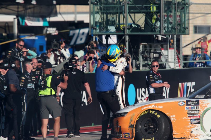 Mar 25, 2023; Austin, Texas, USA;  NASCAR Xfinity Series driver AJ Allmendinger (10) reacts after winning the Pit Boss 250 presented by USA Today at the Circuit of the Americas. Credit: Michael C. Johnson