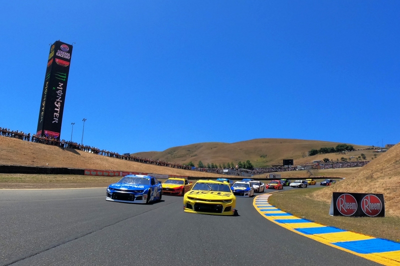 SONOMA, CALIFORNIA - JUNE 23: Kyle Larson, driver of the #42 Credit One Bank Chevrolet, and William Byron, driver of the #24 Hertz Chevrolet, lead field prior to the start of the Monster Energy NASCAR Cup Series Toyota/Save Mart 350 at Sonoma Raceway on June 23, 2019 in Sonoma, California. (Photo by Jared C. Tilton/Getty Images)