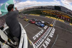 LAS VEGAS, NEVADA - MARCH 06: Christopher Bell, driver of the #20 DeWalt Toyota, leads the field to the green flag to start the NASCAR Cup Series Pennzoil 400 at Las Vegas Motor Speedway on March 06, 2022 in Las Vegas, Nevada. (Photo by Dylan Buell/Getty Images)