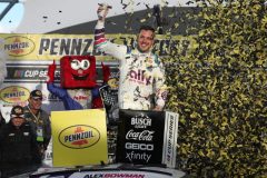 Alex Bowman, driver of the #48 Ally Chevrolet, celebrates in victory lane after winning the NASCAR Cup Series Pennzoil 400 at Las Vegas Motor Speedway on March 06, 2022 in Las Vegas, Nevada. (Photo by Meg Oliphant/Getty Images)