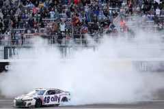 Alex Bowman, driver of the #48 Ally Chevrolet, celebrates with a burnout after winning the NASCAR Cup Series Pennzoil 400 at Las Vegas Motor Speedway on March 06, 2022 in Las Vegas, Nevada. (Photo by Meg Oliphant/Getty Images)