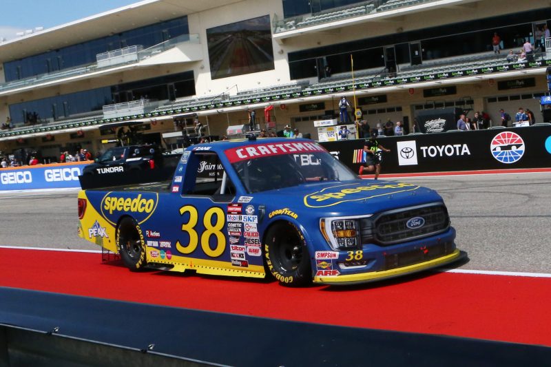 Mar 25, 2023; Austin, Texas, USA;  NASCAR Craftsman Truck Series driver Zane Smith (38) on the front straight in the XPEL 225 at the Circuit of the Americas. Credit: Michael C. Johnson