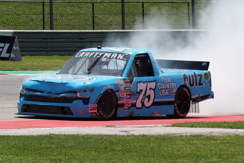 Mar 25, 2023; Austin, Texas, USA;  NASCAR Craftsman Truck Series driver Parker Kligerman (75) comes to a stop in the XPEL 225 at the Circuit of the Americas. Credit: Michael C. Johnson