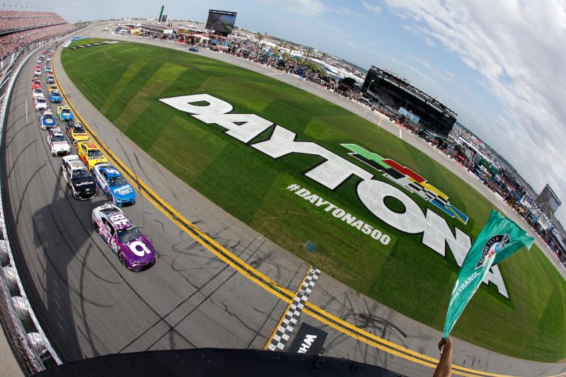 Alex Bowman, driver of the #48 Ally Chevrolet, leads the field to the green flag to start the NASCAR Cup Series 65th Annual Daytona 500 at Daytona International Speedway on February 19, 2023 in Daytona Beach, Florida. (Photo by Sean Gardner/Getty Images)