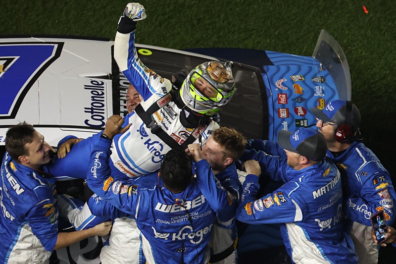 Ricky Stenhouse Jr., driver of the #47 Kroger/Cottonelle Chevrolet, celebrates with his crew after winning the NASCAR Cup Series 65th Annual Daytona 500 at Daytona International Speedway on February 19, 2023 in Daytona Beach, Florida. (Photo by Mike Ehrmann/Getty Images)