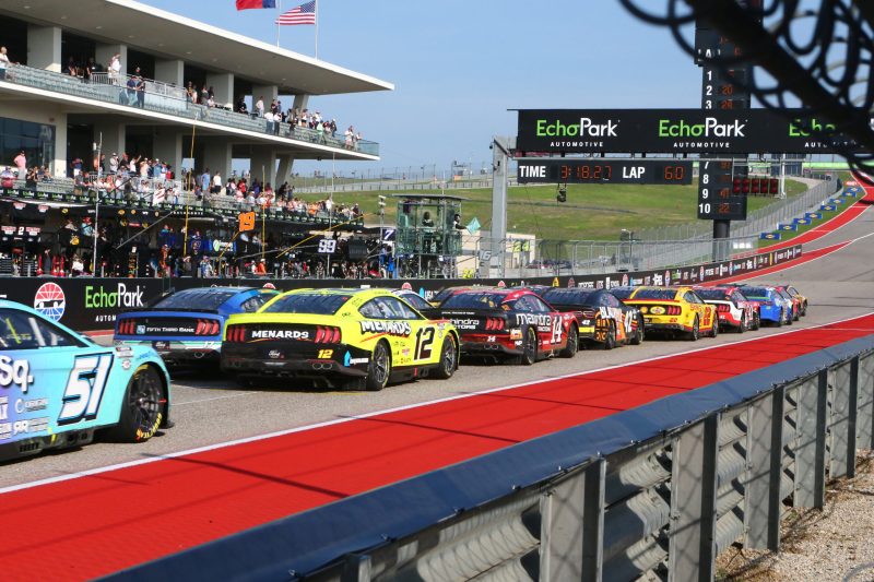 Mar 26, 2023; Austin, Texas, USA; The field takes the green flag for a restart during the NASCAR Cup Series EchoPark Automotive Grand Prix at the Circuit of the Americas. Credit: Michael C. Johnson