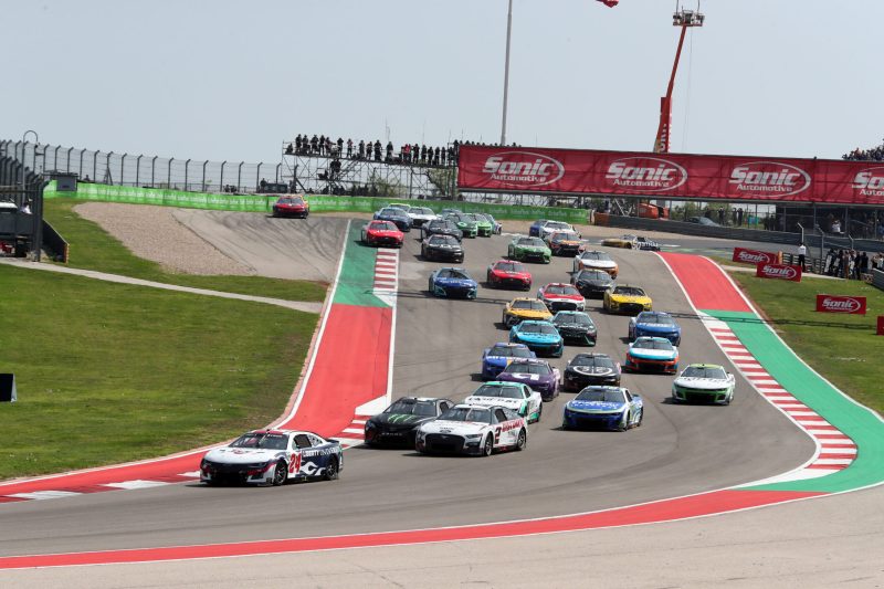 Mar 26, 2023; Austin, Texas, USA;  NASCAR Cup Series driver William Byron (24) leads the field during the EchoPark Automotive Grand Prix at the Circuit of the Americas. Credit: Michael C. Johnson