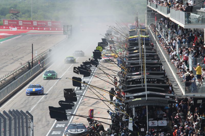 Mar 26, 2023; Austin, Texas, USA;  A general view of the pit lane during the NASCAR Cup Series EchoPark Automotive Grand Prix at the Circuit of the Americas. Credit: Michael C. Johnson