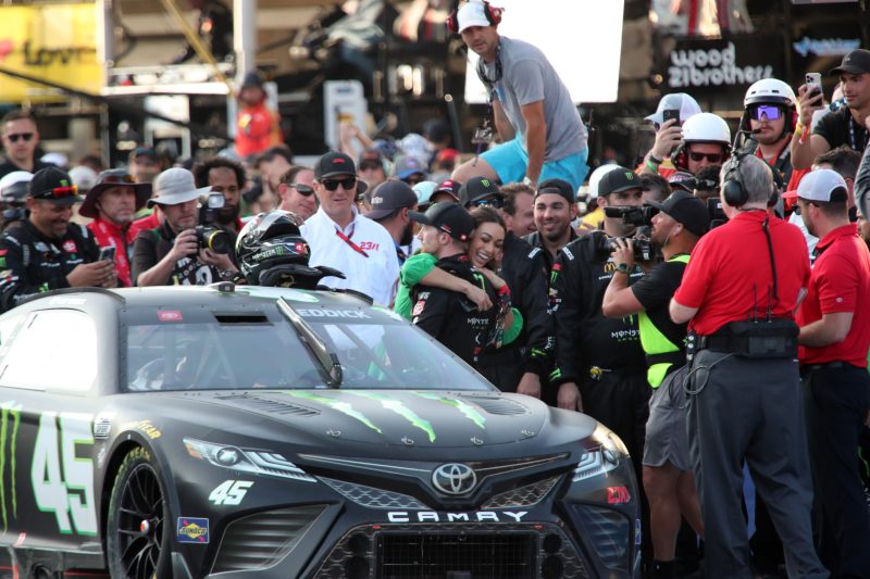 Mar 26, 2023; Austin, Texas, USA;  NASCAR Cup Series driver Tyler Reddick (45) reacts after winning the EchoPark Automotive Grand Prix at the Circuit of the Americas. Credit: Michael C. Johnson