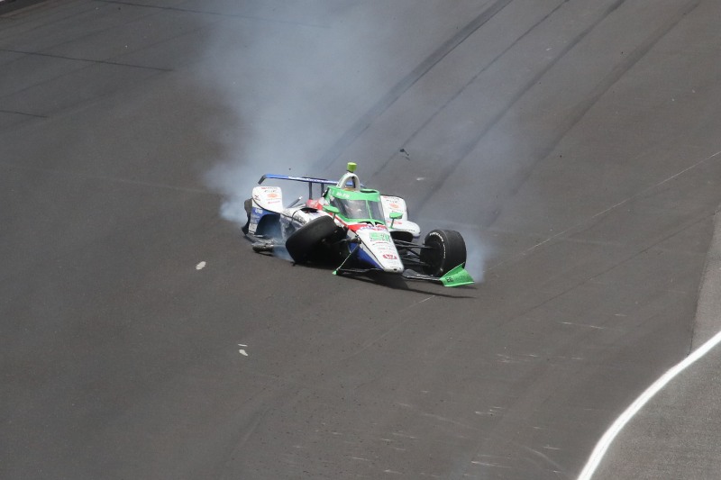May 28, 2023; Speedway, IN, USA;  Sting Ray Robb, Dale Coyne Racing with RWR (51) wrecks during the 107th Indianapolis 500 by Gainbridge at the Indianapolis Motor Speedway; Credit: Michael C. Johnson