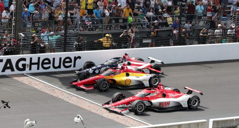 May 28, 2023; Speedway, IN, USA;  Santino Ferucci, AJ Foyt Enterprises (14), Joseph Newgarden, Team Penske (2) and Marcus Ericsson, Chip Ganassi Racing (8) at the yard of bricks during the 107th Indianapolis 500 by Gainbridge at the Indianapolis Motor Speedway; Credit: Michael C. Johnson
