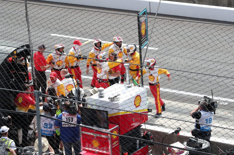 May 28, 2023; Speedway, IN, USA;  Joseph NewgardenÕs Crew, Team Penske (2) celebrate winning the 107th Indianapolis 500 by Gainbridge at the Indianapolis Motor Speedway; Credit: Michael C. Johnson