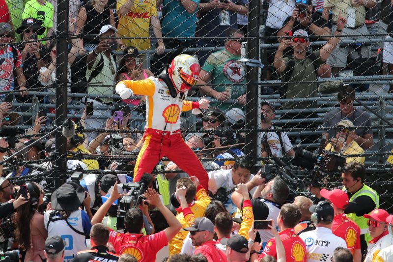 May 28, 2023; Speedway, IN, USA;  Joseph Newgarden, Team Penske (2) celebrates after winning the 107th Indianapolis 500 by Gainbridge with his crew at the Indianapolis Motor Speedway; Credit: Michael C. Johnson