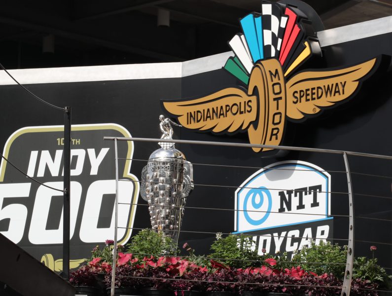 May 28, 2023; Speedway, IN, USA;  The Borg Warner Trophy sits in victory lane after the 107th Indianapolis 500 by Gainbridge at the Indianapolis Motor Speedway; Credit: Michael C. Johnson