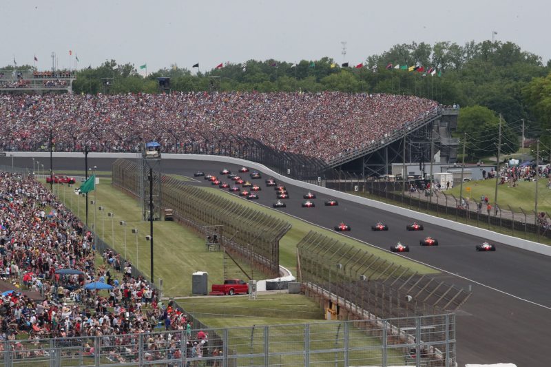 May 28, 2023; Speedway, IN, USA;  The field enters the 3rd corner before the 107th Indianapolis 500 by Gainbridge at the Indianapolis Motor Speedway; Credit: Michael C. Johnson