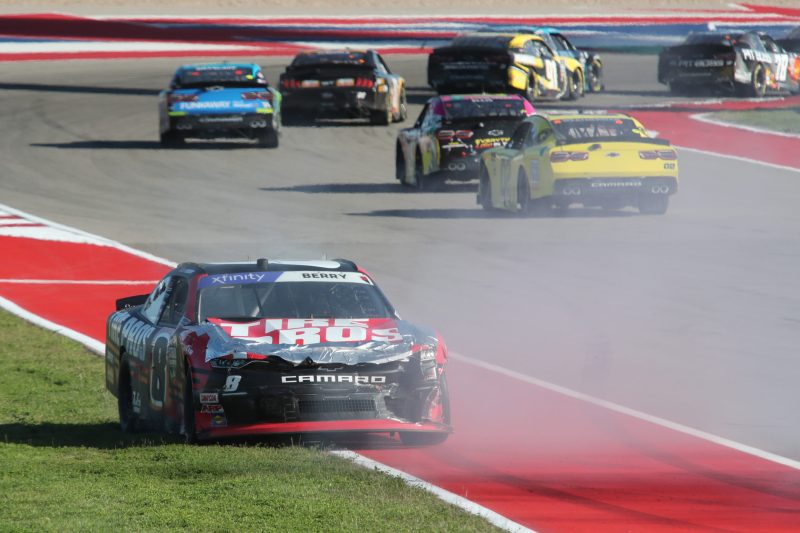 Mar 25, 2023; Austin, Texas, USA;  NASCAR Xfinity Series driver Josh Berry (8) spins out during the Pit Boss 250 presented by USA Today at the Circuit of the Americas. Credit: Michael C. Johnson