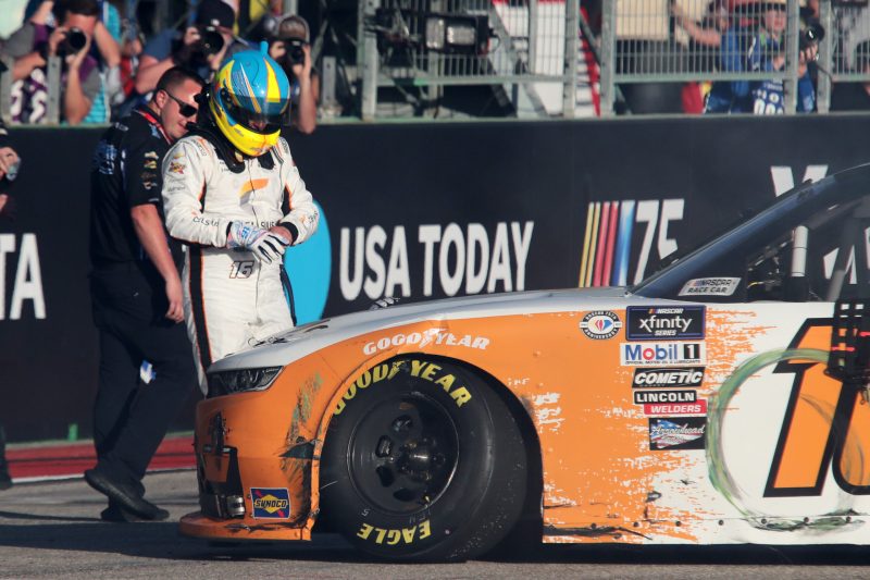 Mar 25, 2023; Austin, Texas, USA;  NASCAR Xfinity Series driver AJ Allmendinger (10) after winning the  Pit Boss 250 presented by USA Today at the Circuit of the Americas. Credit: Michael C. Johnson