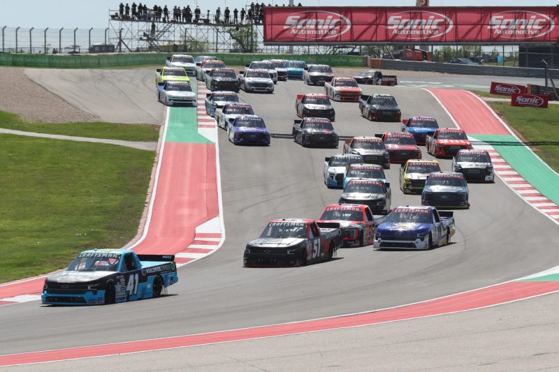 Mar 25, 2023; Austin, Texas, USA;  NASCAR Craftsman Truck Series driver Ross Chastain (41) leads the field in the XPEL 225 at the Circuit of the Americas. Credit: Michael C. Johnson