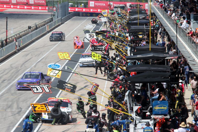Mar 25, 2023; Austin, Texas, USA;  A general overview of the pit lane during the NASCAR Craftsman Truck Series XPEL 225 at the Circuit of the Americas. Credit: Michael C. Johnson