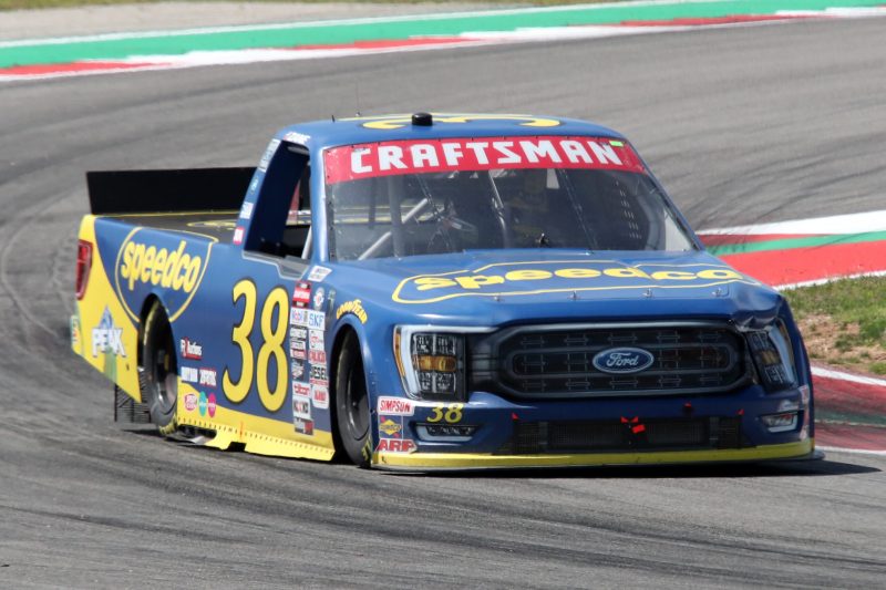 Mar 25, 2023; Austin, Texas, USA;  NASCAR Craftsman Truck Series driver Zane Smith (38) in the XPEL 225 at the Circuit of the Americas. Credit: Michael C. Johnson