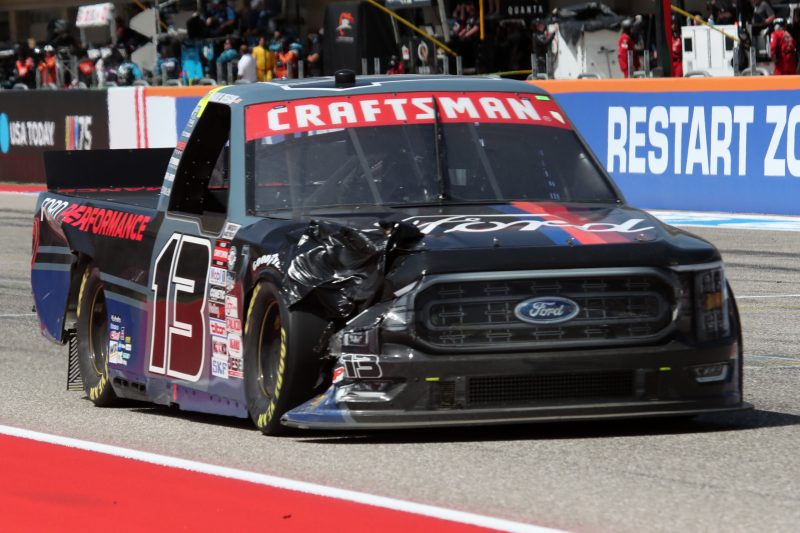 Mar 25, 2023; Austin, Texas, USA;  NASCAR Craftsman Truck Series driver Hailie Deegan (13) damaged truck in the XPEL 225 at the Circuit of the Americas. Credit: Michael C. Johnson